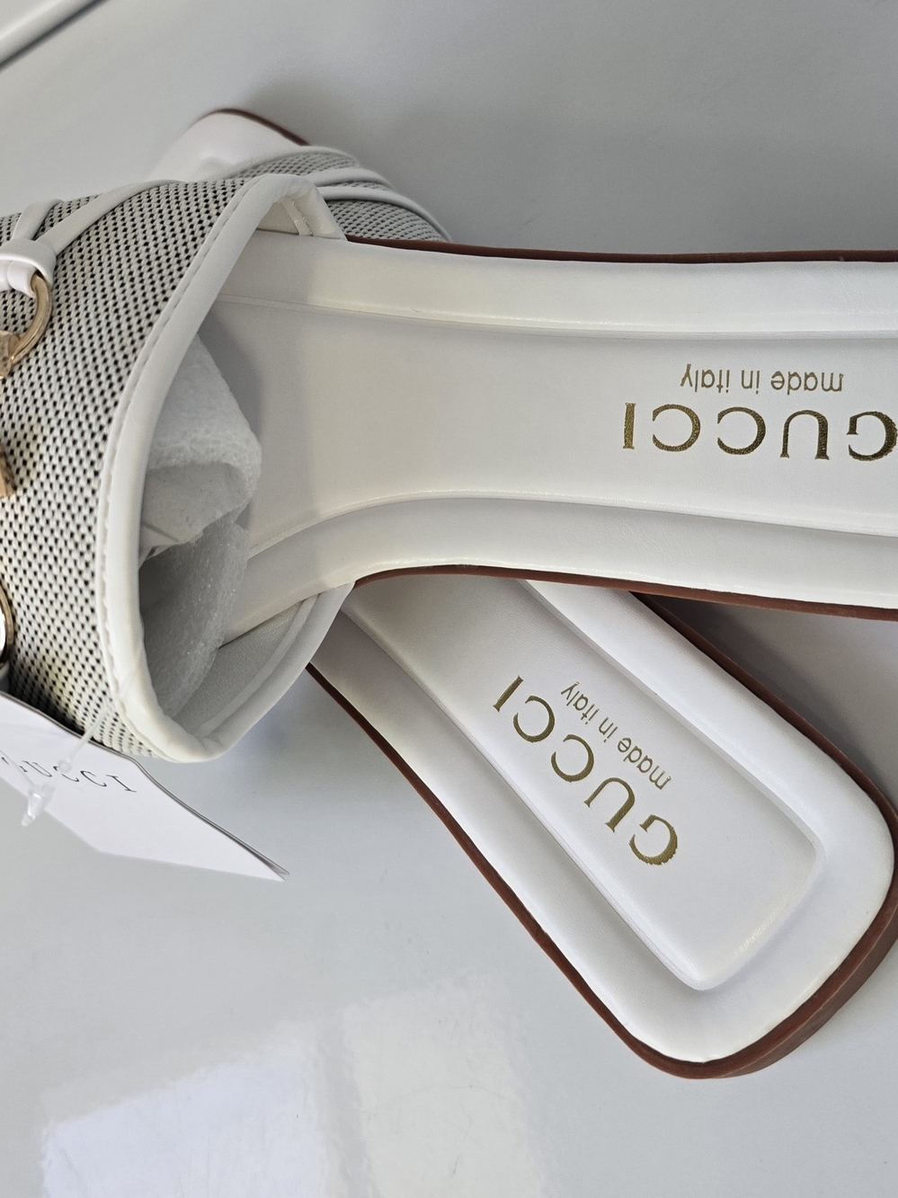 Gucci White Leather Slide Mules with Gold Hardware